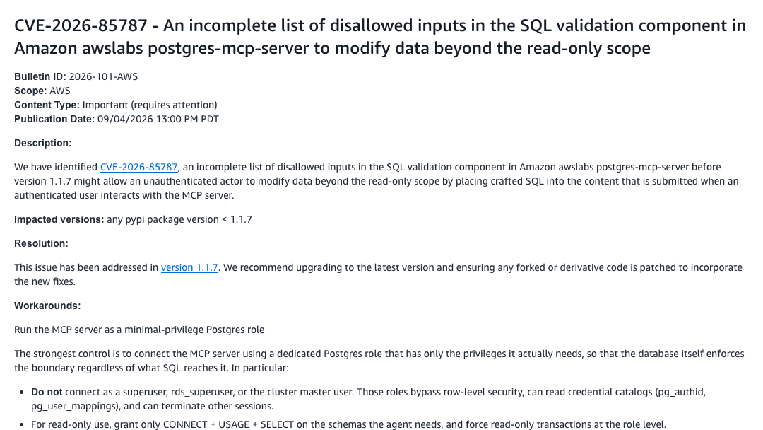 AWS security bulletin with CVE-2026-85787, publication date and affected version information