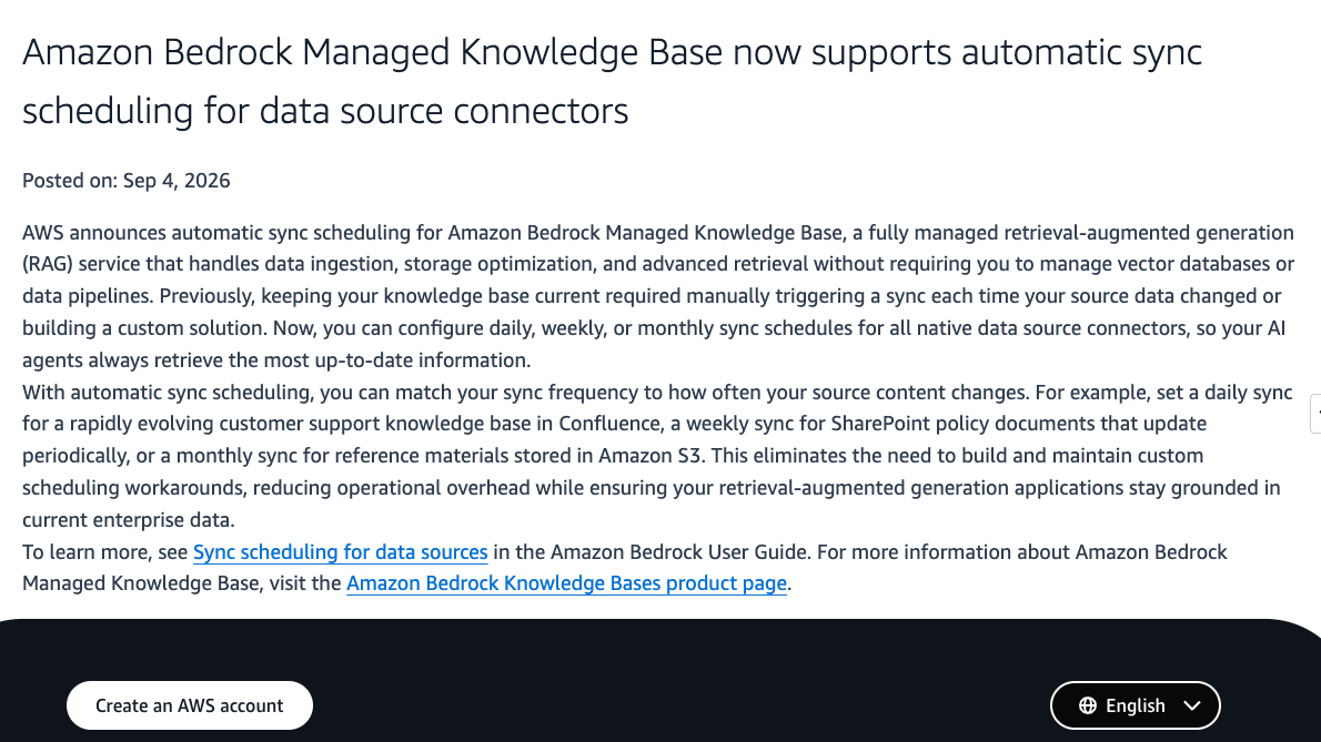 AWS What's New announcement for managed knowledge-base automatic sync scheduling