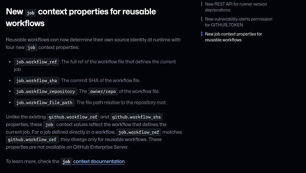 GitHub Actions changelog showing the four new job-level workflow context fields