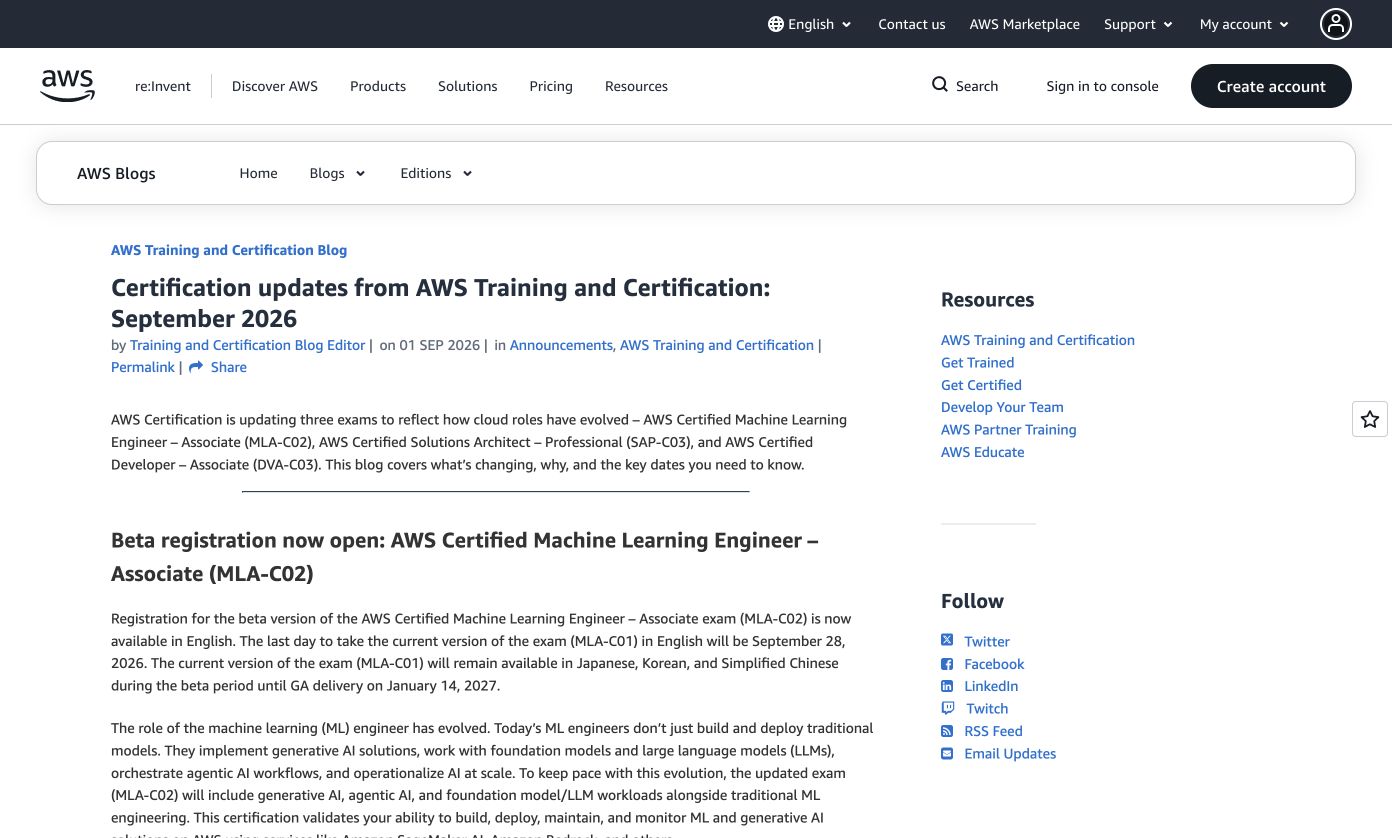Official AWS certification update page showing MLA-C02 scope and language transition information