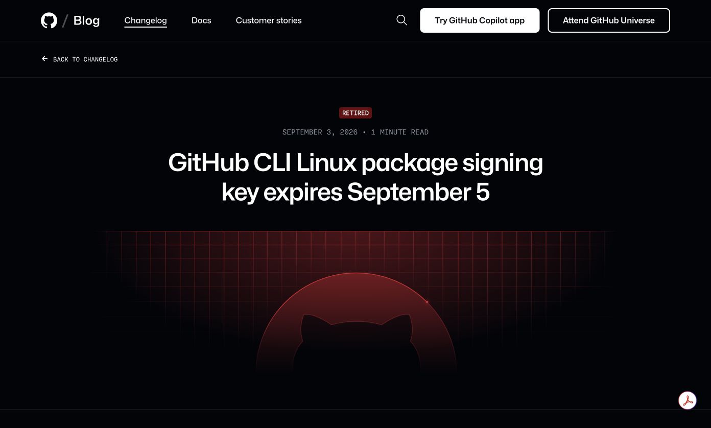 Rendered GitHub changelog showing the September 3 signing-key notice and September 5 deadline