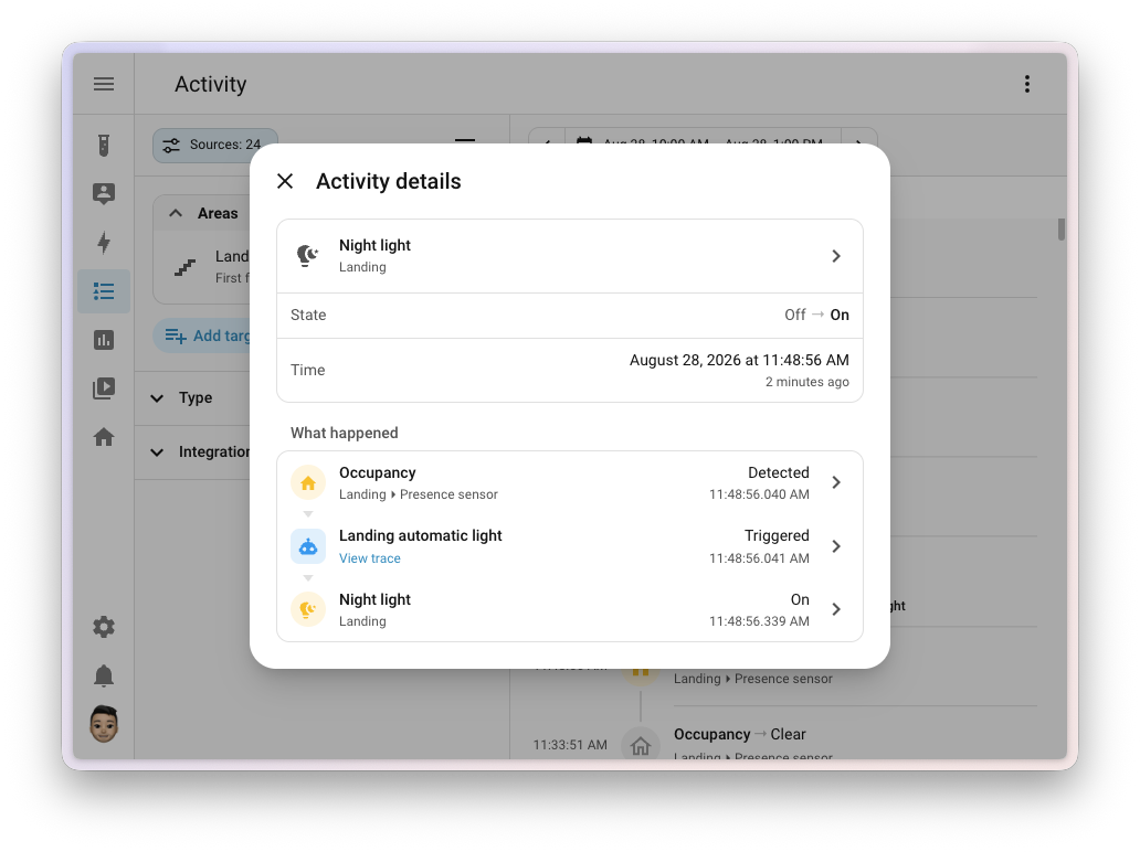 Home Assistant Activity details showing an occupancy trigger, automation and light state change