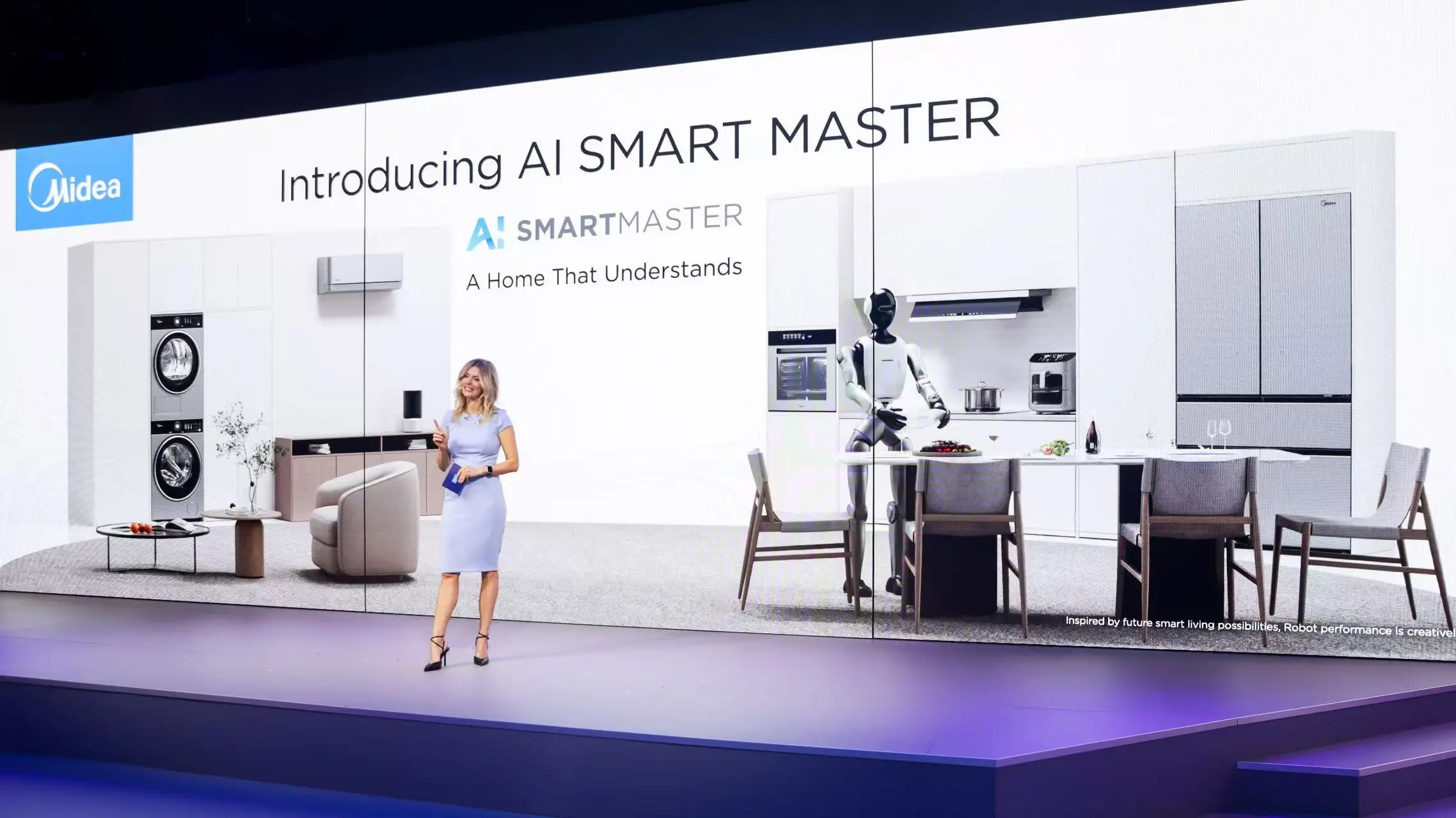 Midea presenter introducing SMARTMASTER on an IFA stage with a conceptual home backdrop