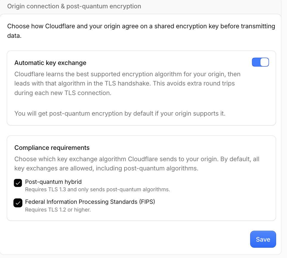 Cloudflare official screenshot of automatic key exchange and optional compliance requirements