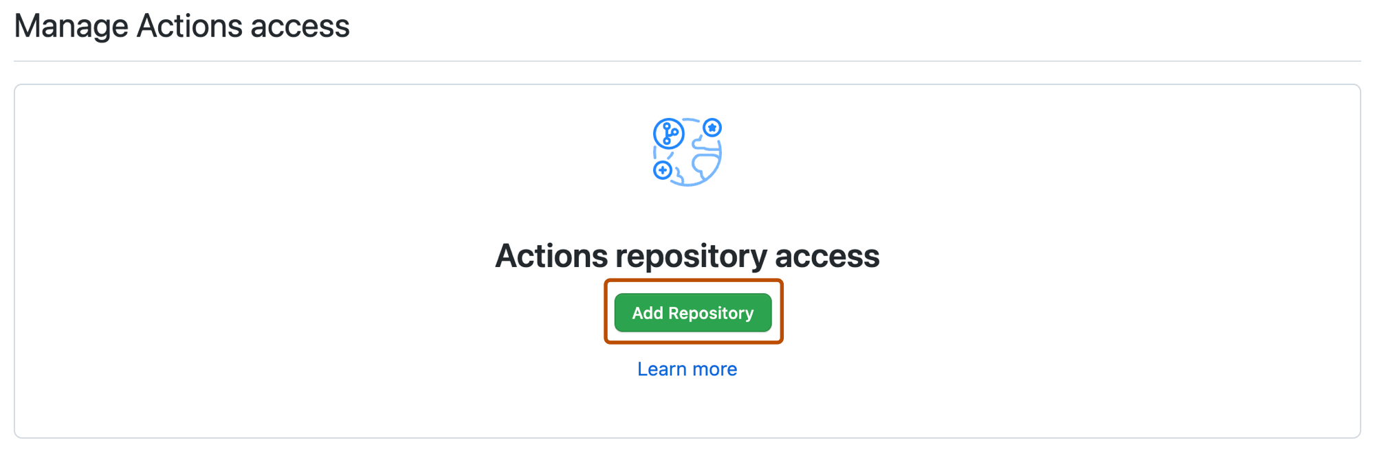 GitHub documentation screenshot of Manage Actions access with Add repository highlighted