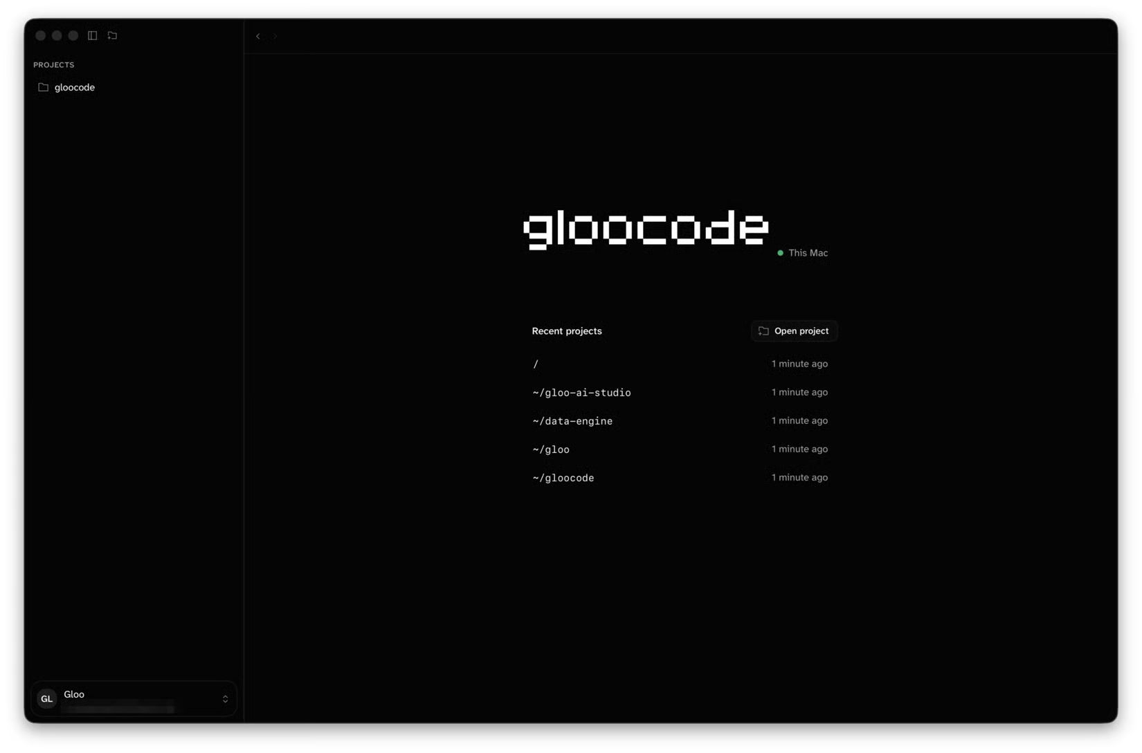 Gloo Code macOS app showing its projects sidebar and recent projects