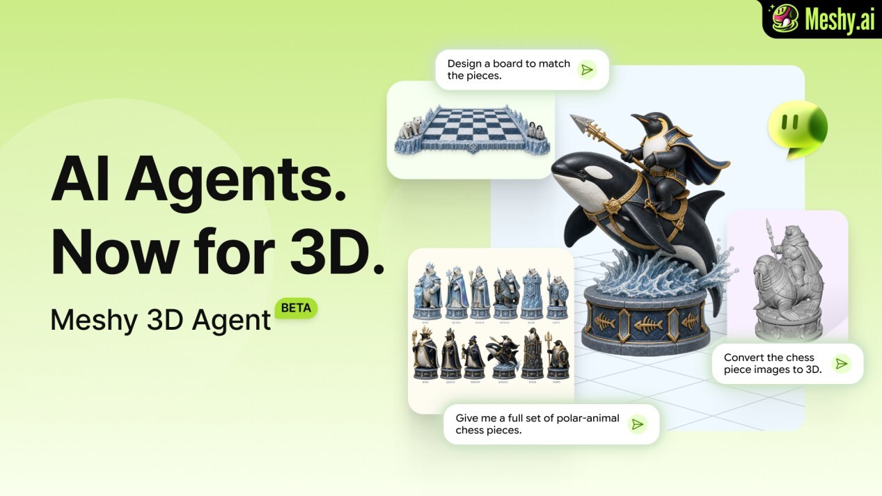 Meshy official 3D Agent Beta illustration combining conversation prompts and 3D concept assets