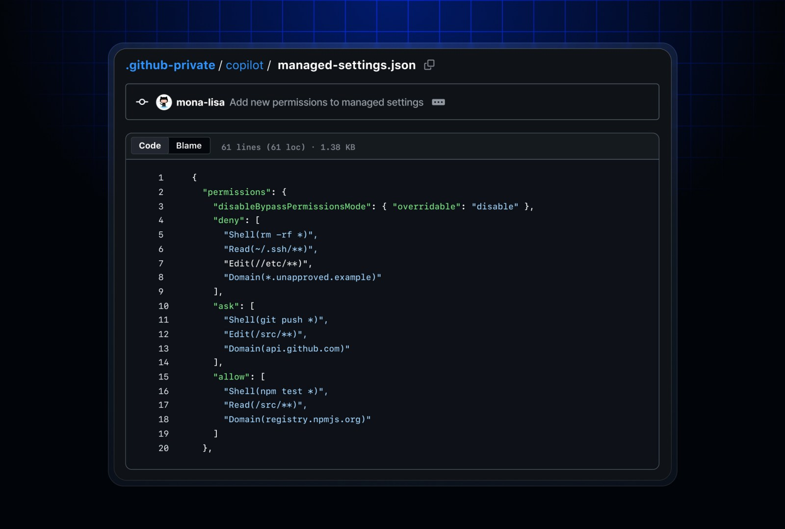 GitHub official managed-settings example with deny, ask and allow operation lists