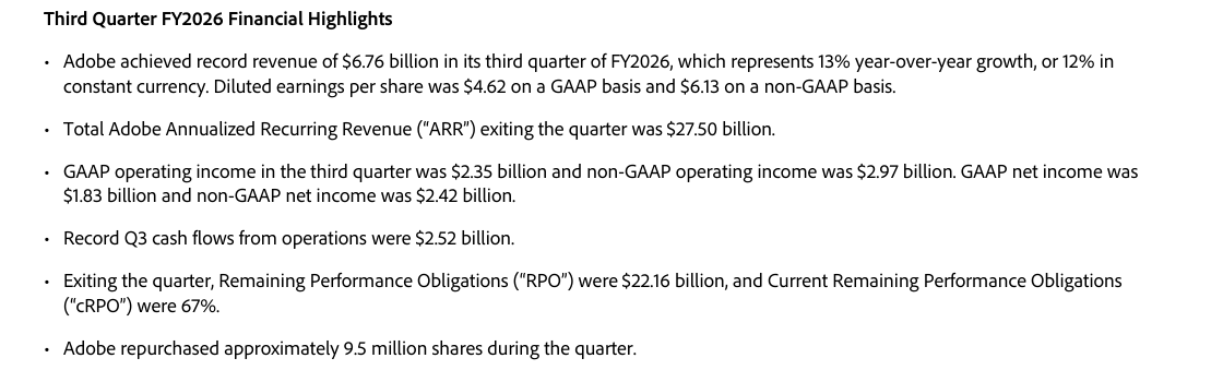 Adobe Q3 FY2026 earnings release excerpt showing reported financial metrics