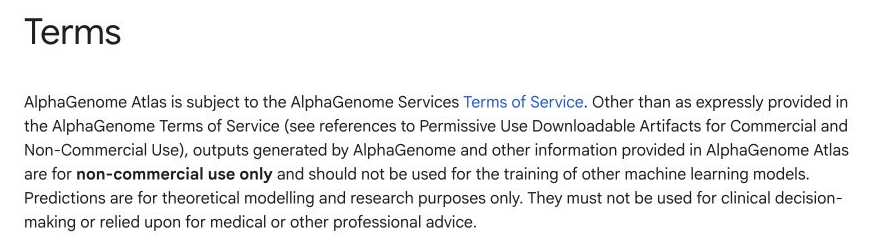 AlphaGenome Atlas portal terms specifying research use and excluding clinical decision-making