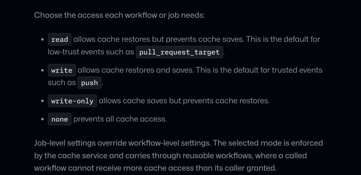 GitHub source excerpt listing the four cache access modes and reusable-workflow rule