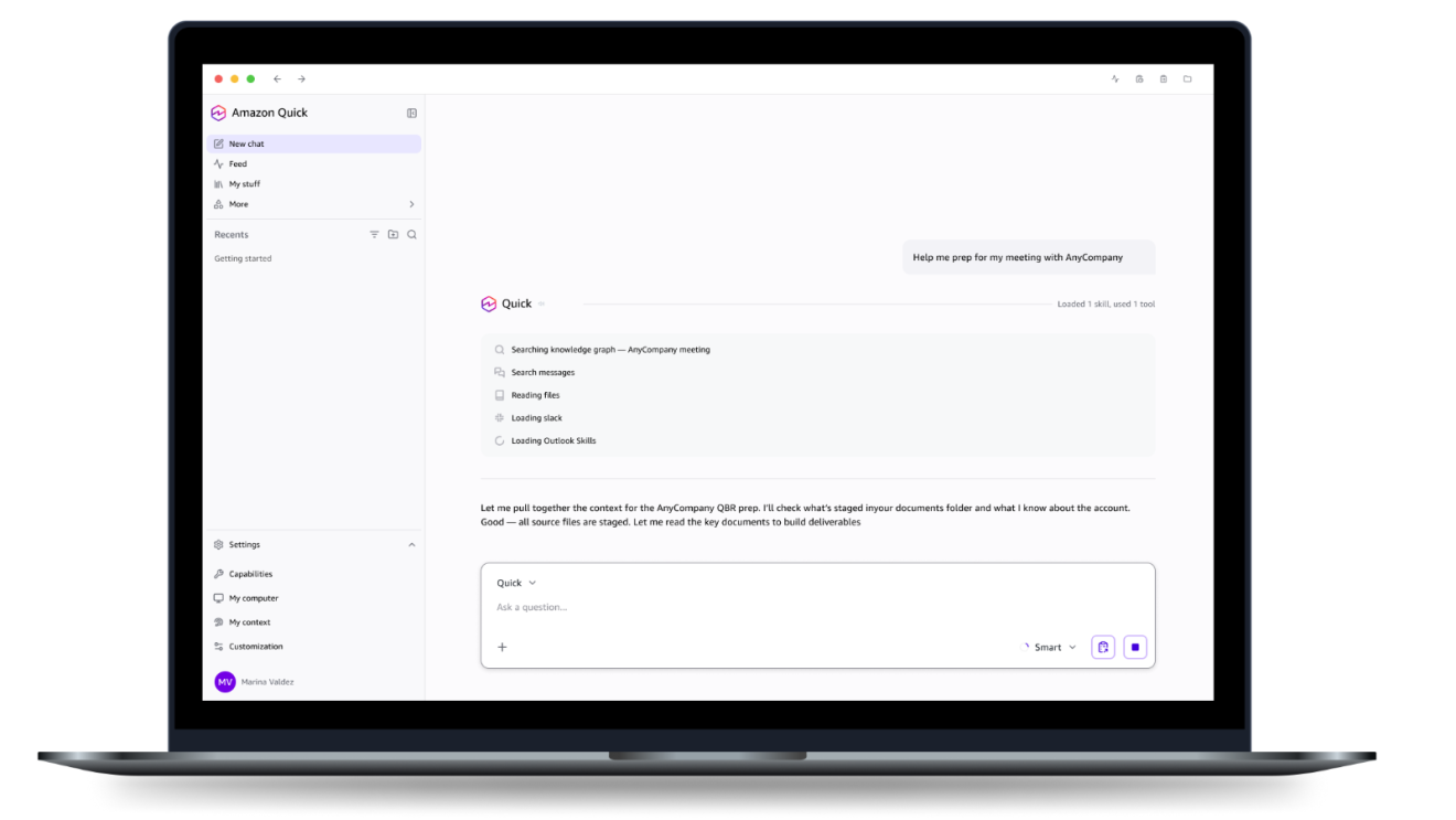 Amazon Quick official meeting-preparation demo on a laptop