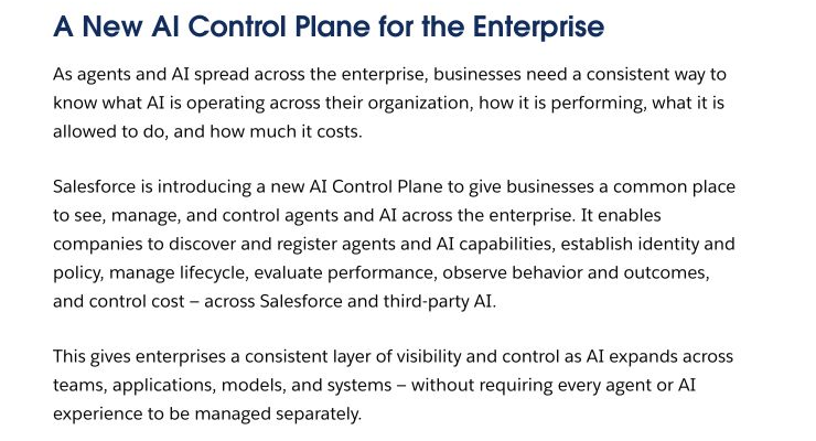 Salesforce official description of the new AI Control Plane
