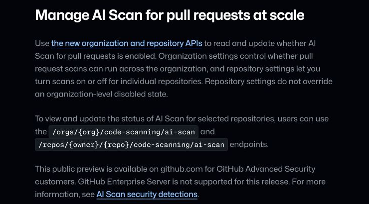Official GitHub announcement excerpt showing organization and repository AI Scan endpoints