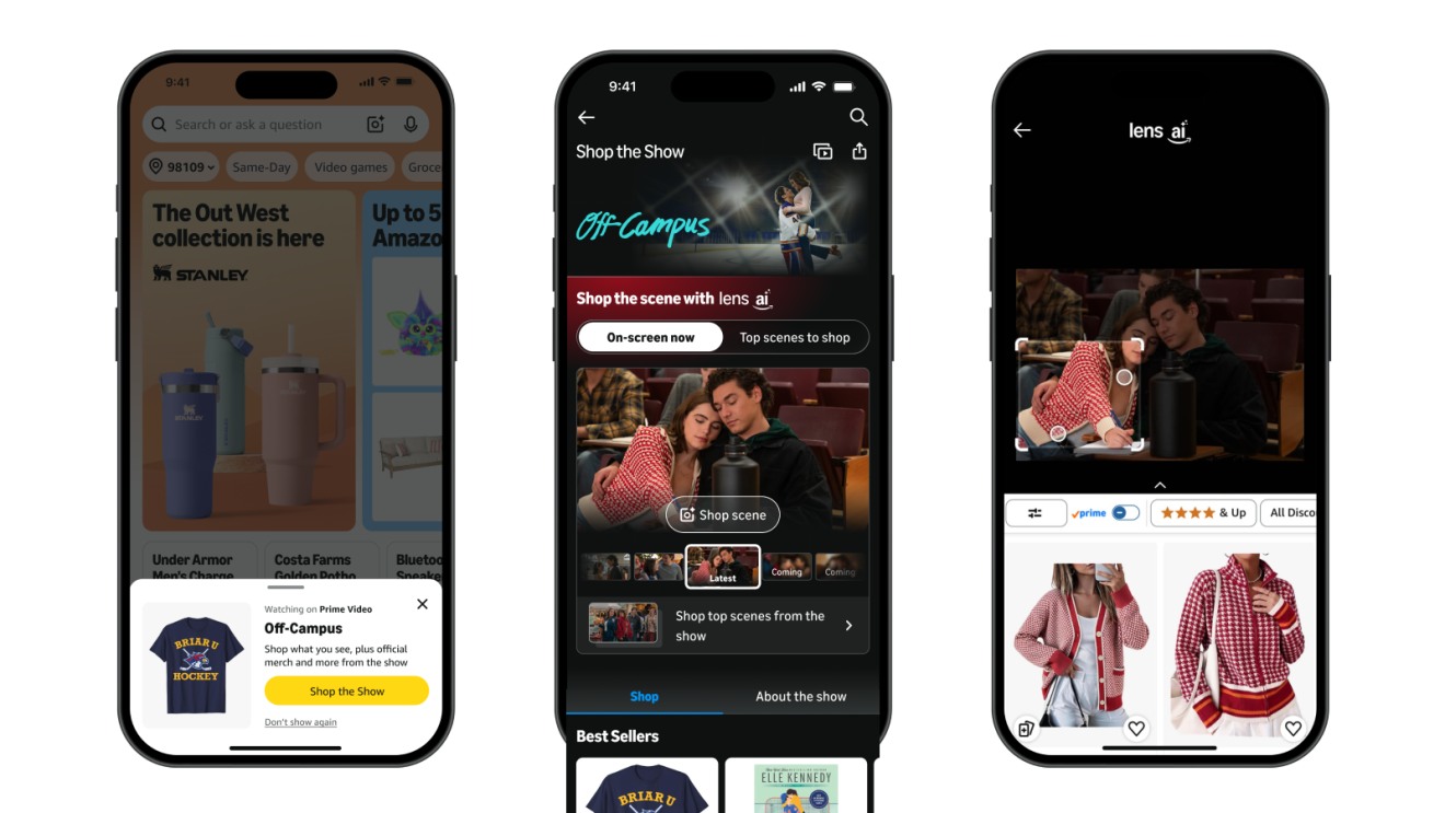 Amazon's Shop the Scene demonstration showing a television scene and similar clothing results across three phone screens
