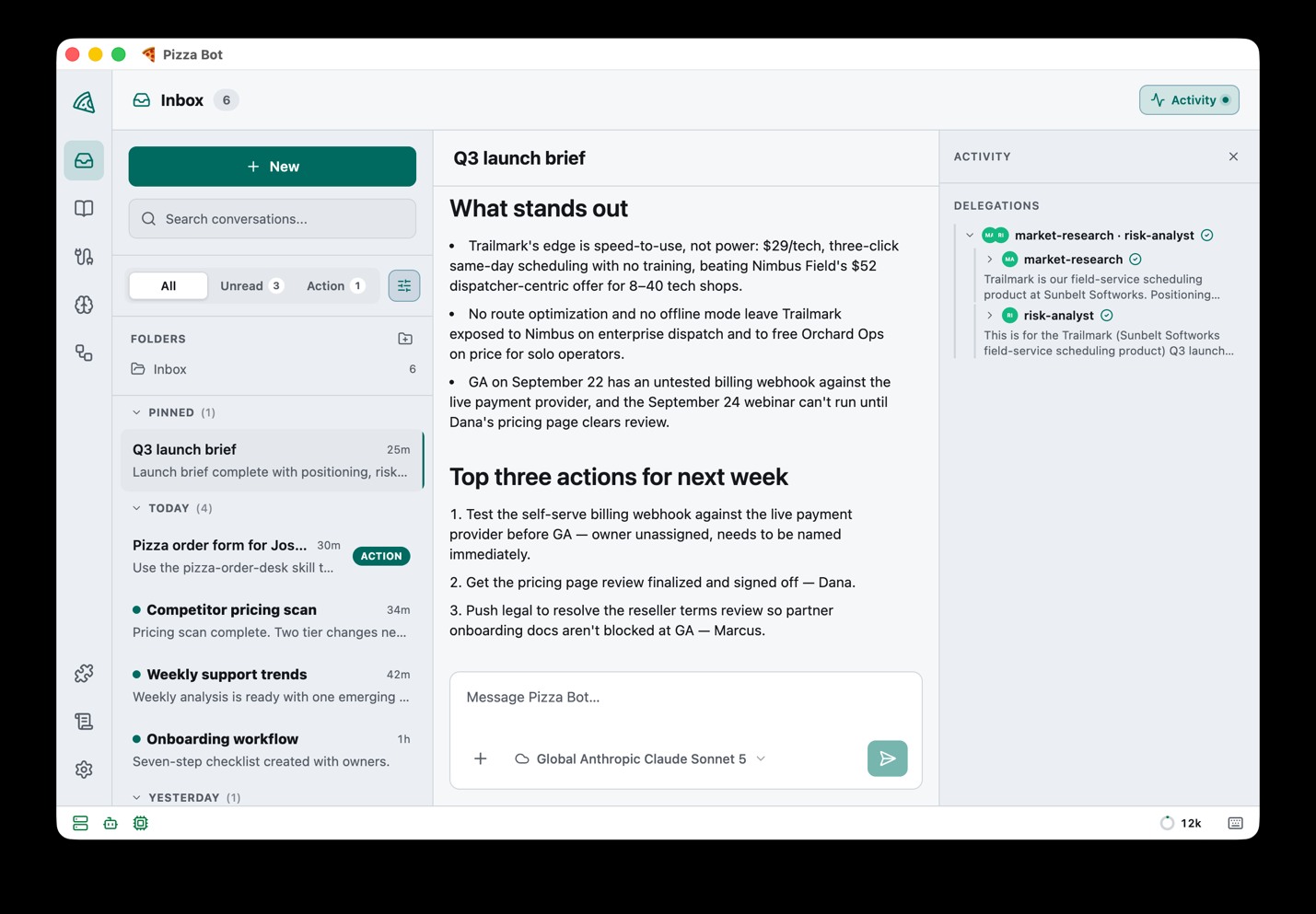 Official Pizza Bot inbox demonstration with completed work, an approval request and delegated activity