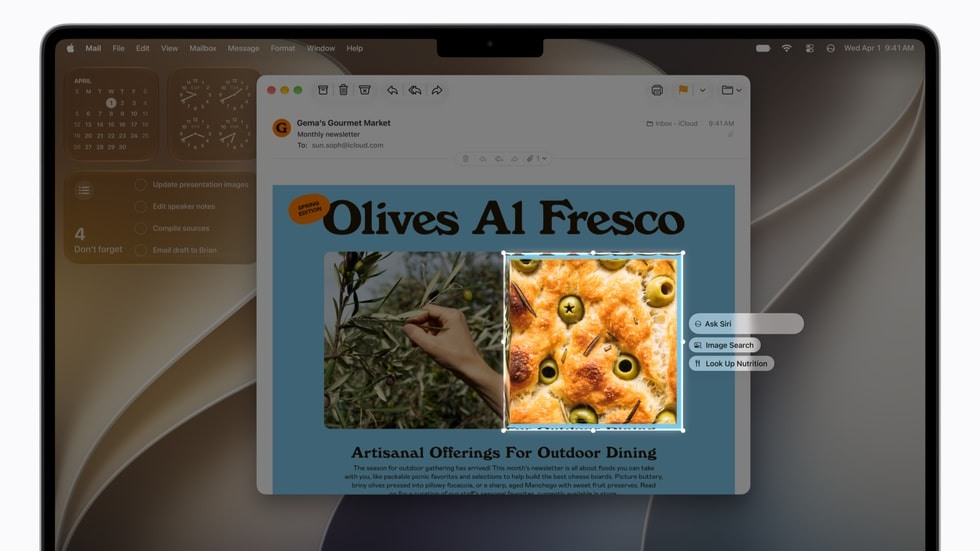 Apple's official Mac Visual Intelligence demonstration with a selected product image and Siri conversation