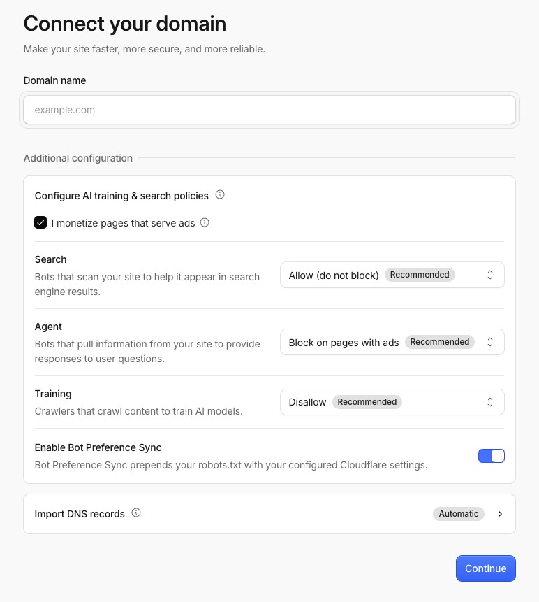 Cloudflare's official domain setup interface with separate search, training and agent settings