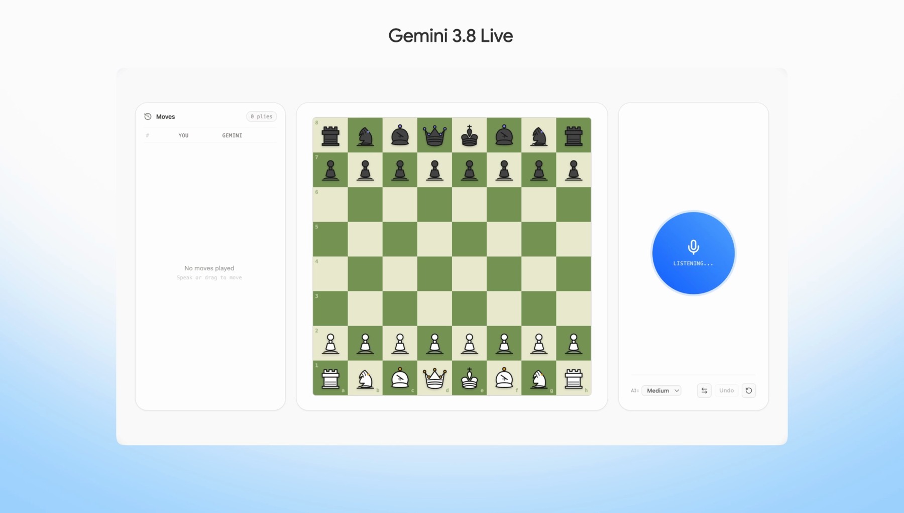 Google's official Gemini 3.8 Live chess demonstration showing the board and spoken-interaction interface