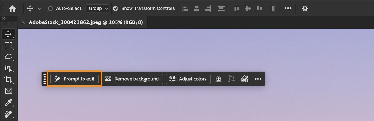 Adobe Photoshop Contextual Task Bar with the Prompt to edit control highlighted