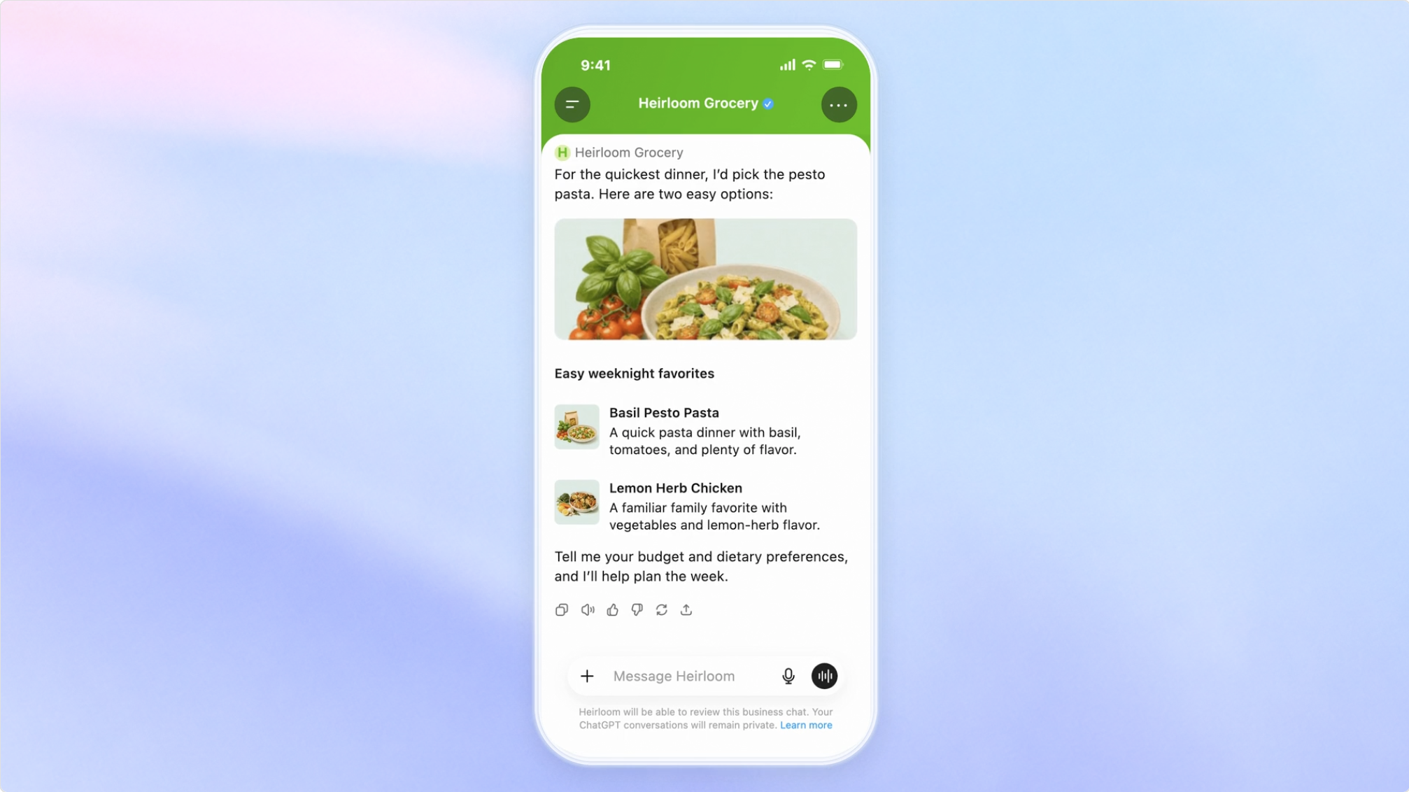 OpenAI official demonstration of a business-sponsored grocery conversation in ChatGPT