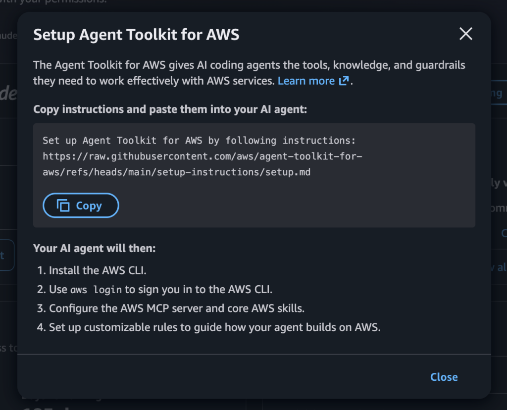 AWS official Setup Agent Toolkit dialog showing the agent configuration prompt and expected setup steps