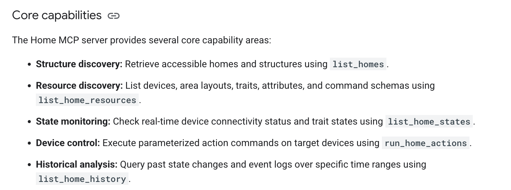 Google Home developer documentation listing discovery, state, control and historical-analysis tools