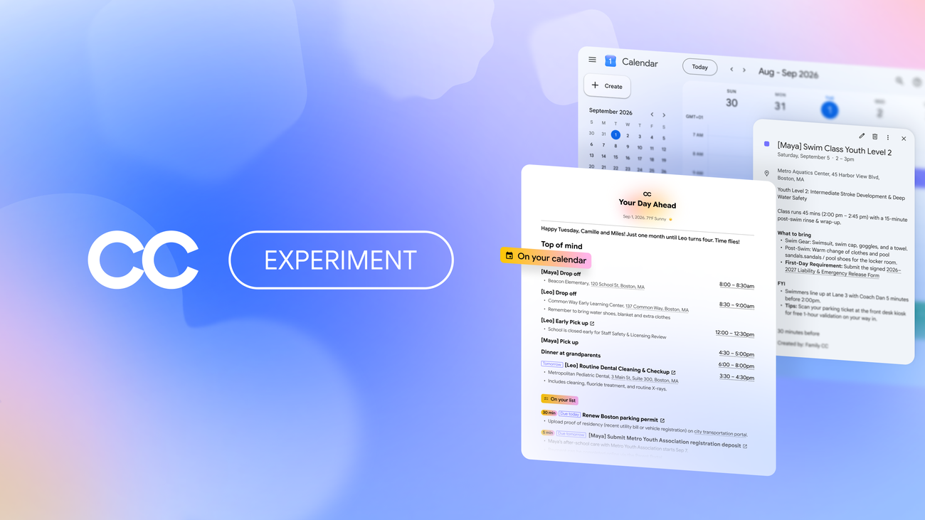 Google CC experiment artwork showing a shared daily briefing and a Calendar event