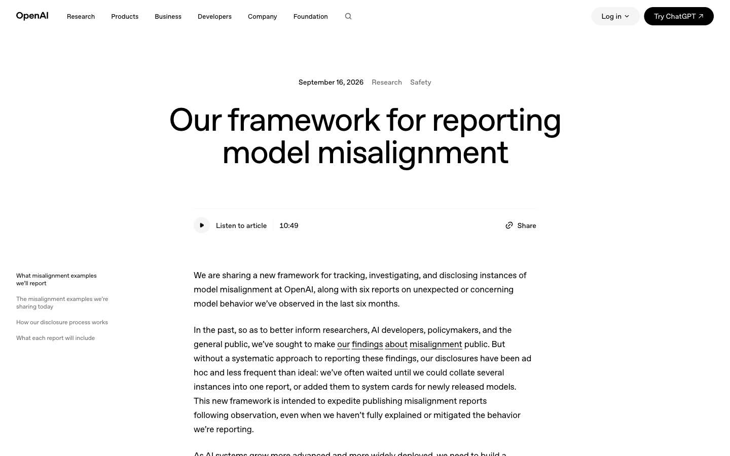 Screenshot of the dated OpenAI model misalignment reporting framework and its opening explanation
