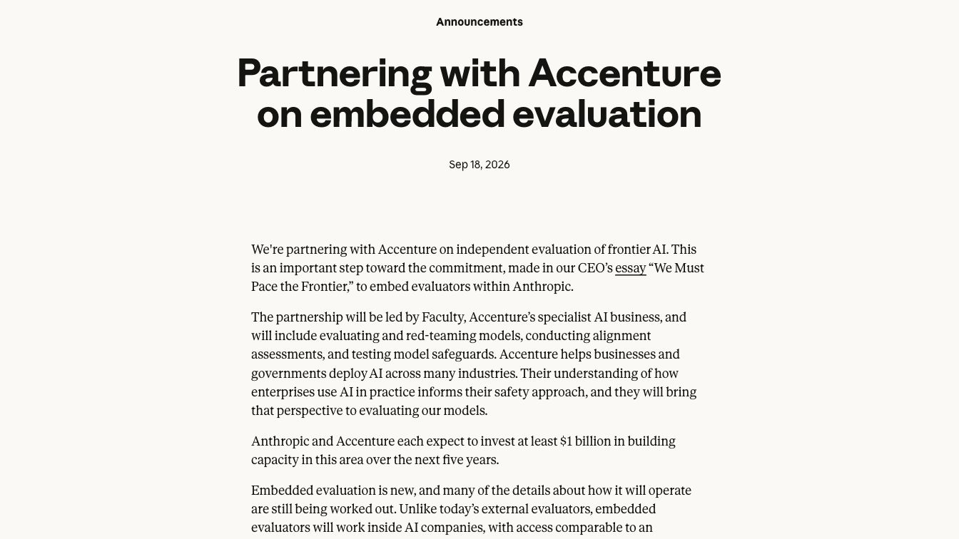 Dated Anthropic announcement explaining its embedded-evaluation partnership with Accenture