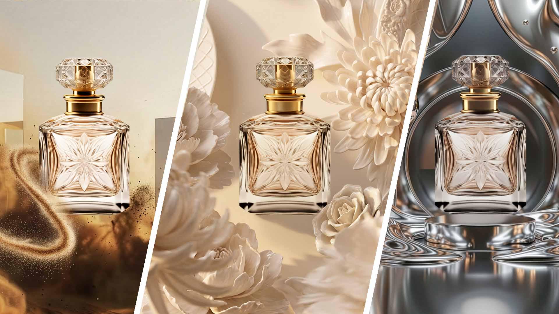 Adobe tutorial poster showing the same perfume bottle in three distinct background concepts