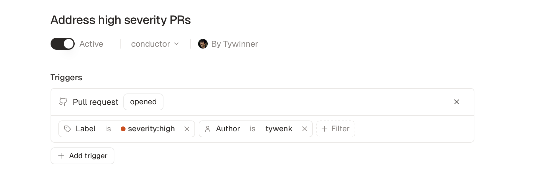 Conductor official routine interface filtered by a high-severity label and a specific pull-request author
