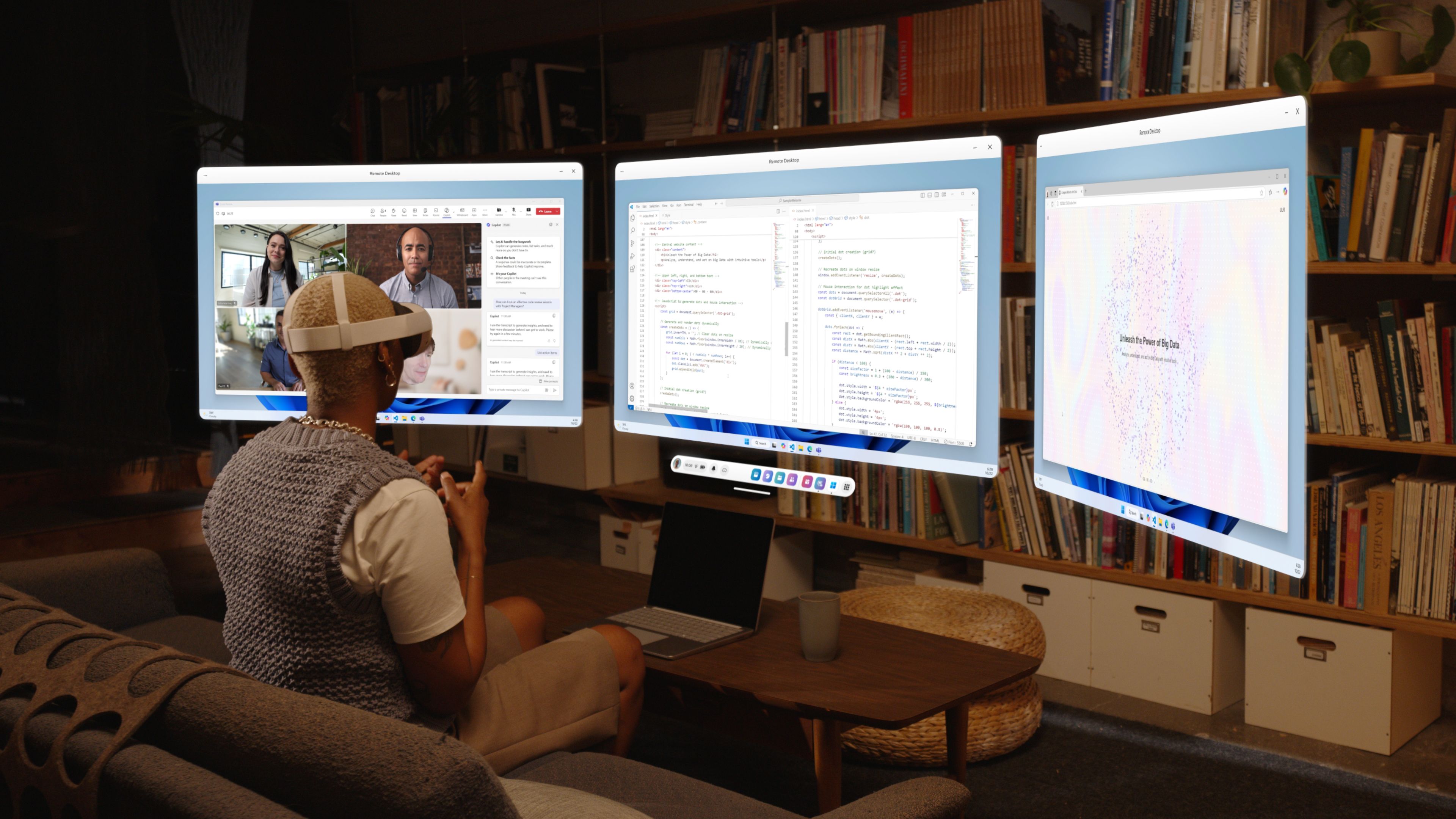 Microsoft official Mixed Reality Link illustration showing a headset user with three virtual Windows displays