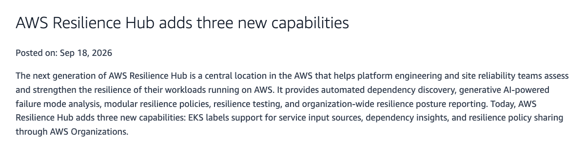 AWS original release title, September 18 date and introductory description of the three Resilience Hub capabilities