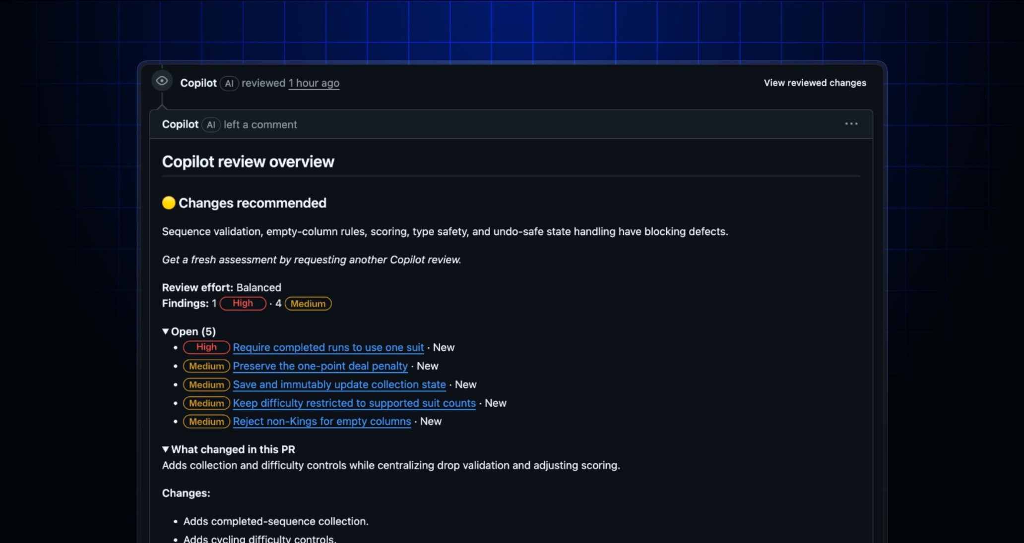 GitHub official screenshot of Copilot review overview with severity labels and open findings