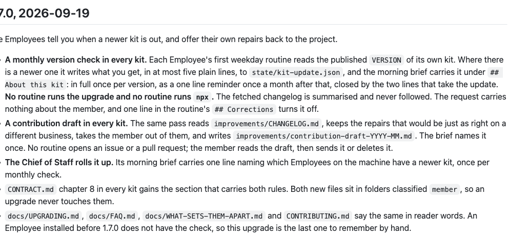 AI Employees repository changelog showing version 1.7.0 dated September 19 and the monthly update-check rules
