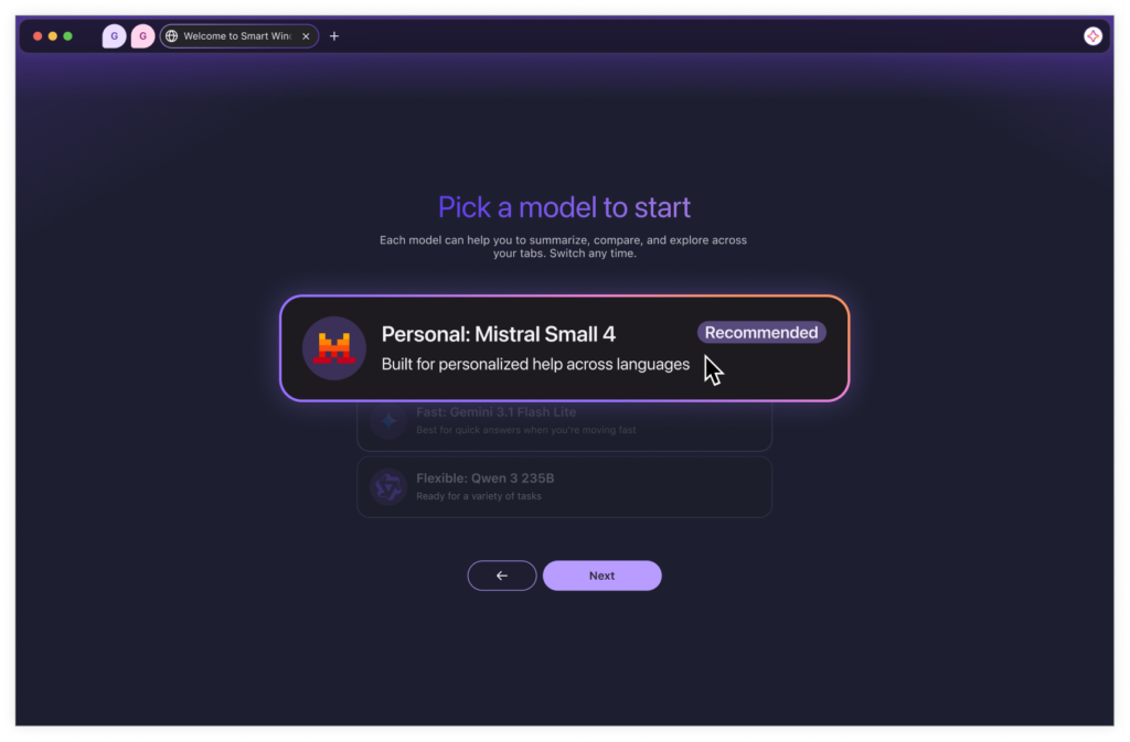 Mozilla official Smart Window model picker showing Personal Mistral Small 4 as an option