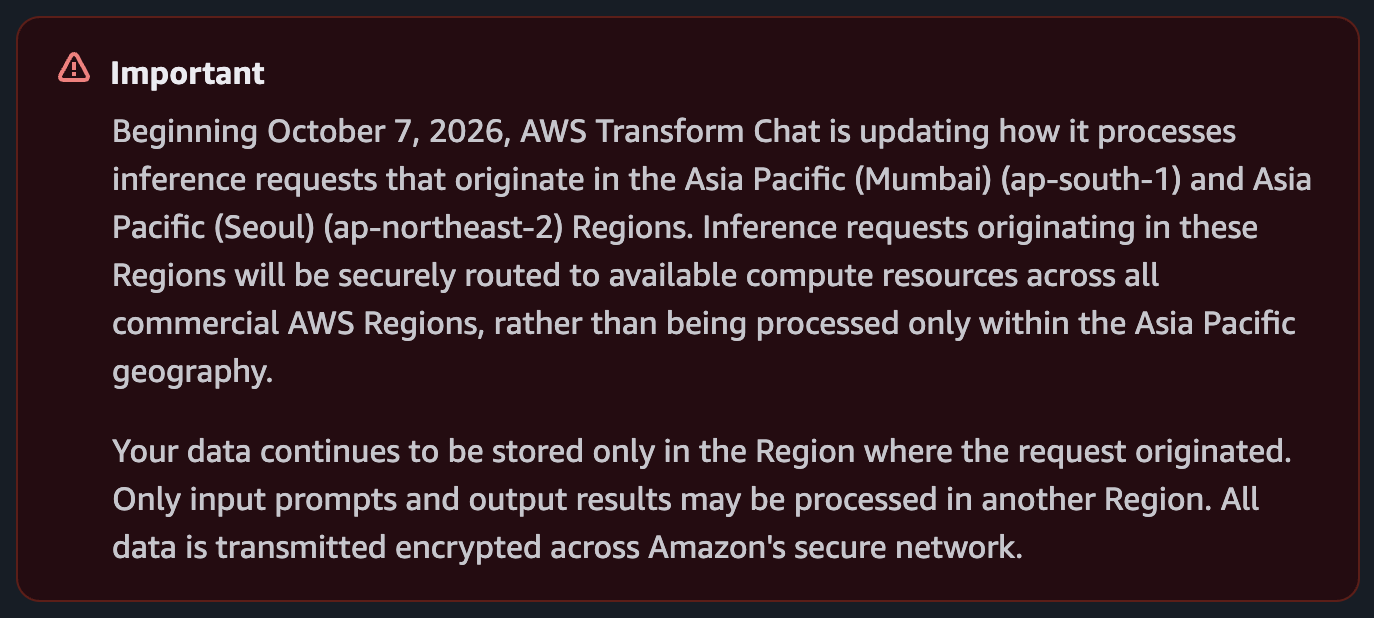 Original AWS documentation Important notice showing the October 7 processing change and storage distinction