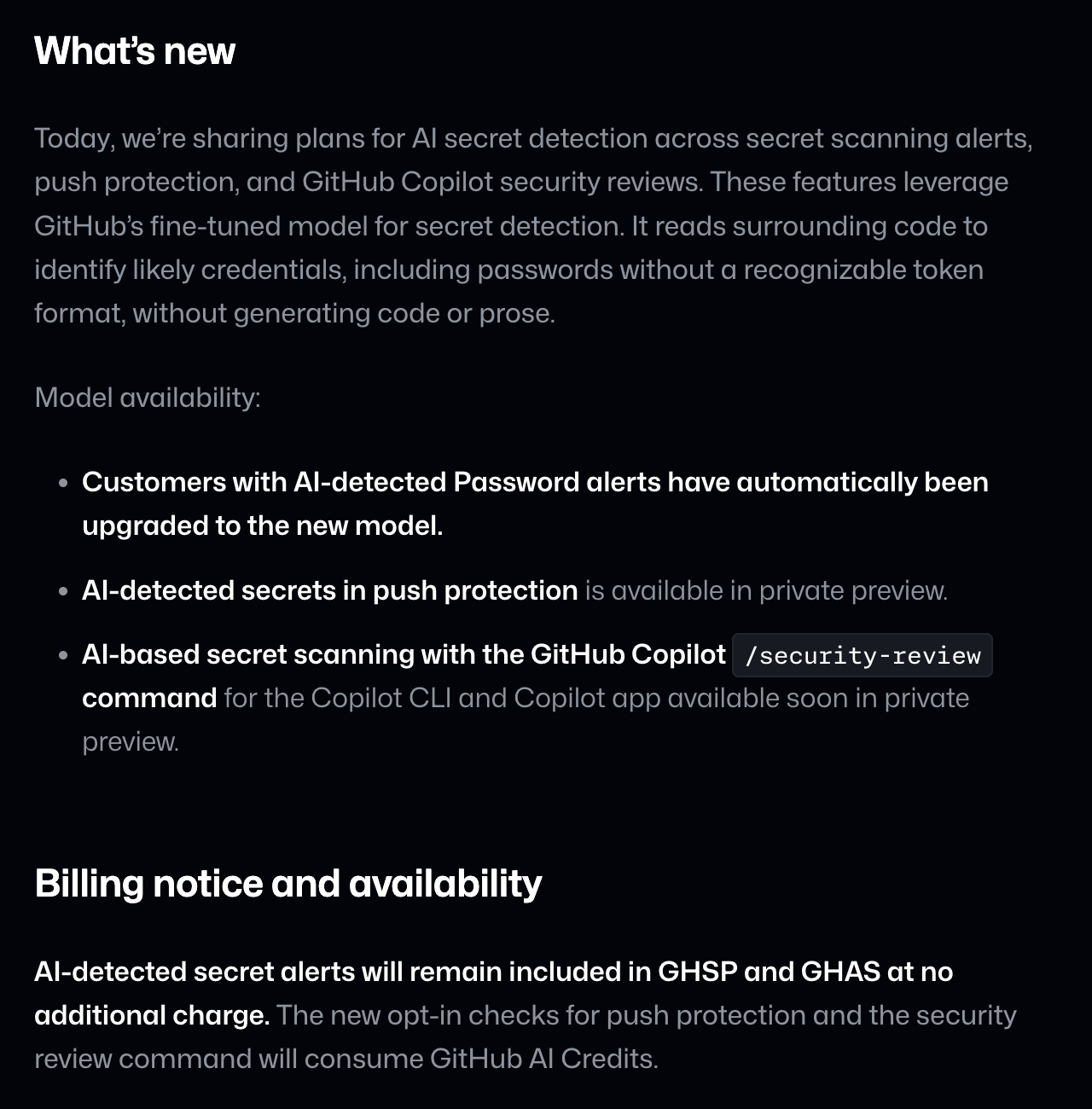 Original GitHub announcement excerpt separating model availability and the billing notice