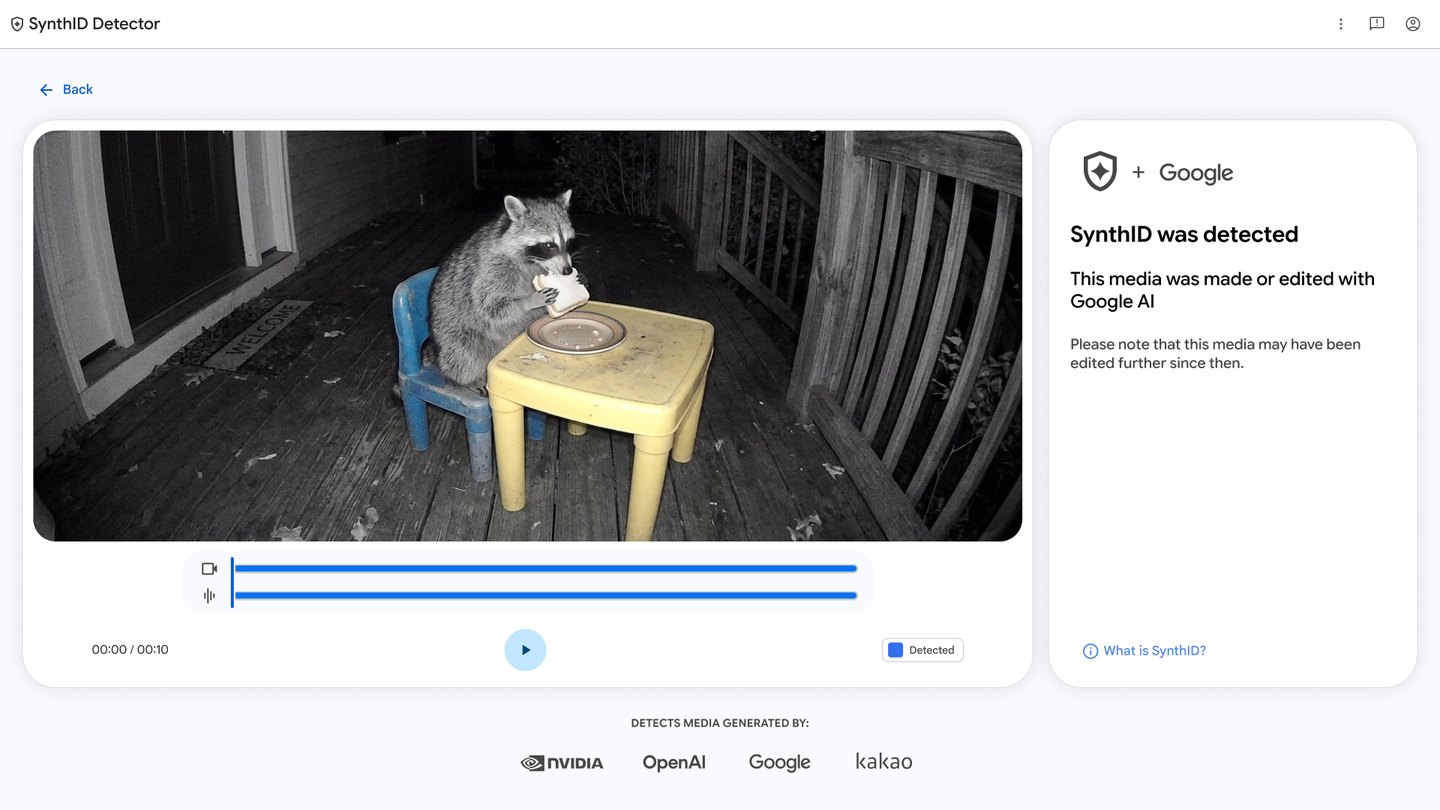 Google official SynthID Detector interface showing a watermarked video and its detection result