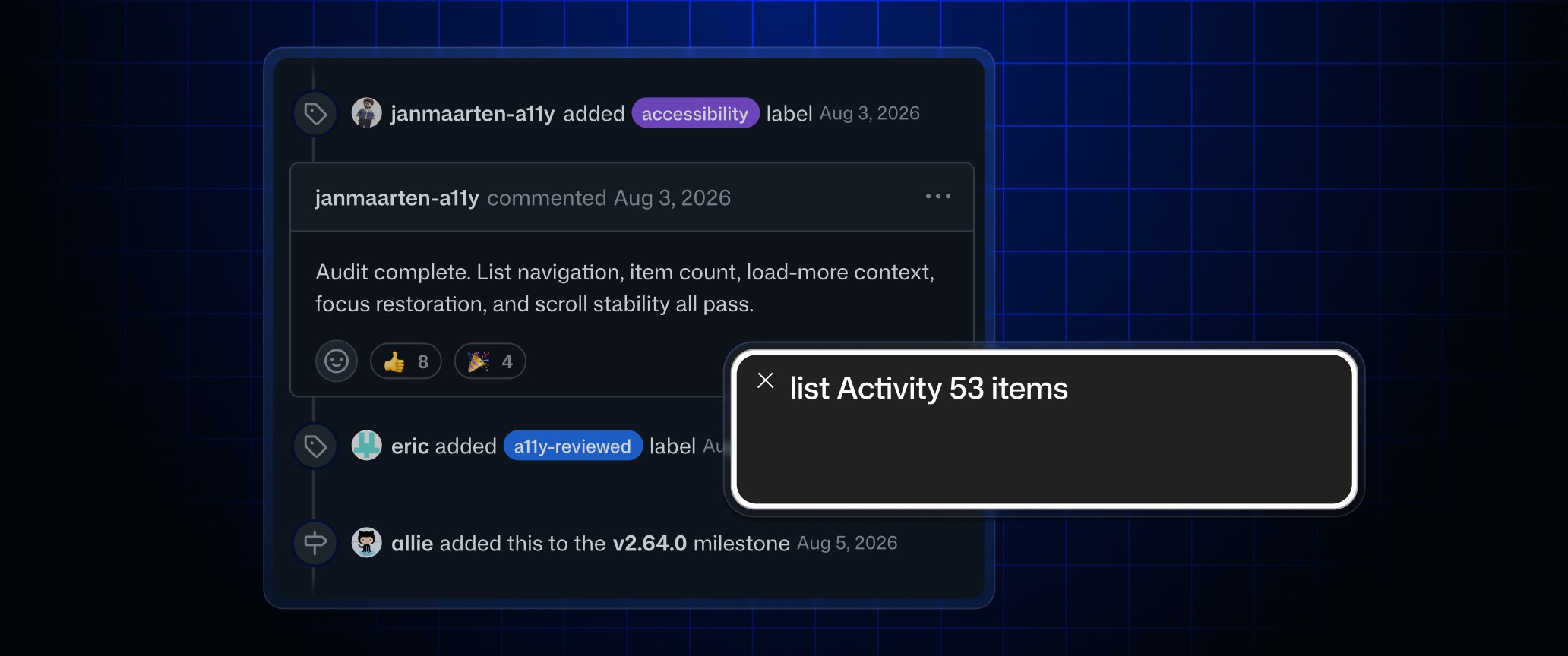 GitHub official issue timeline with a VoiceOver overlay announcing a list of 53 activity items
