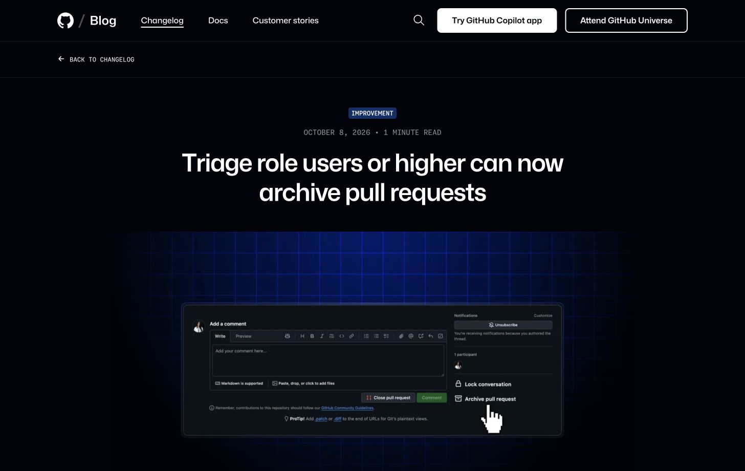 Original GitHub October 8 source excerpt with an interface showing Archive pull request