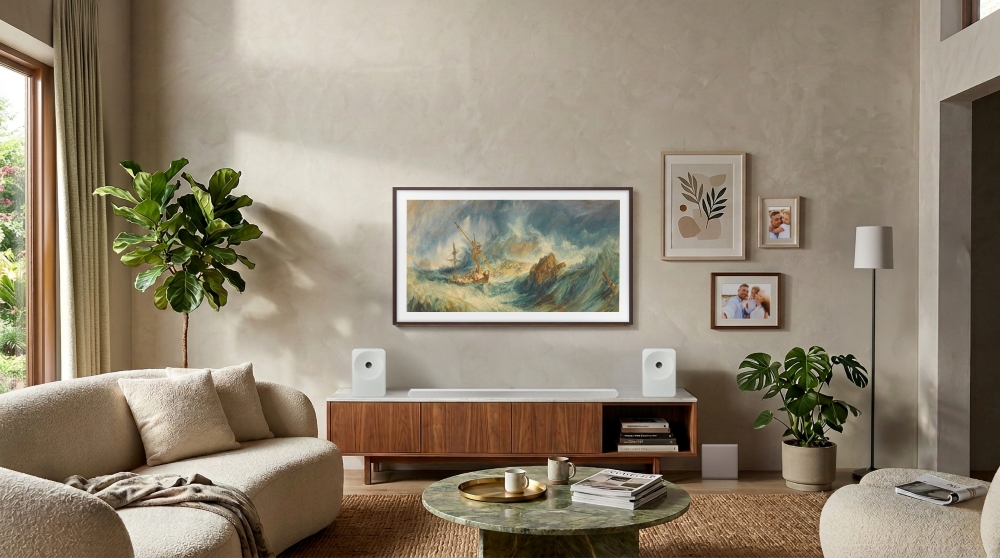 Samsung official image of Turner's A Storm (Shipwreck) displayed on The Frame Pro in a living room