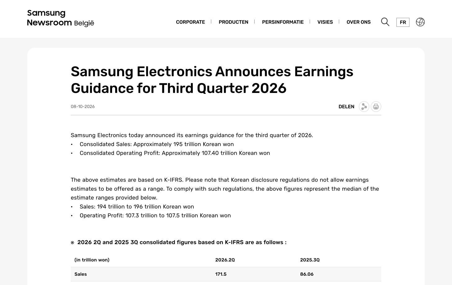 Original Samsung Belgian newsroom earnings-guidance notice with date, consolidated estimates and range explanation