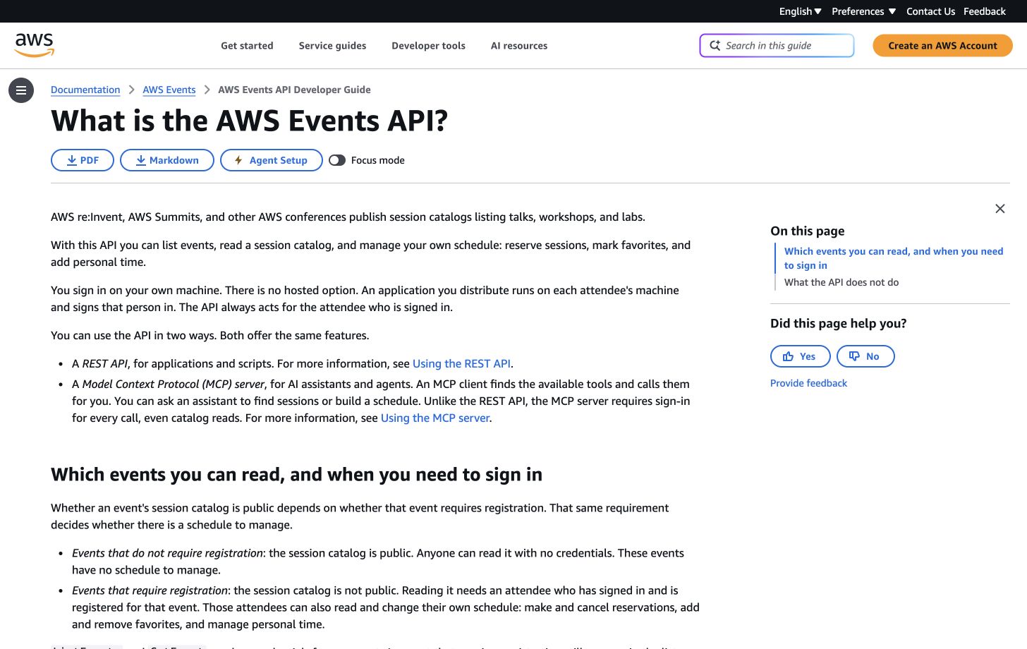 Original AWS Events API documentation showing REST and MCP access and sign-in distinctions