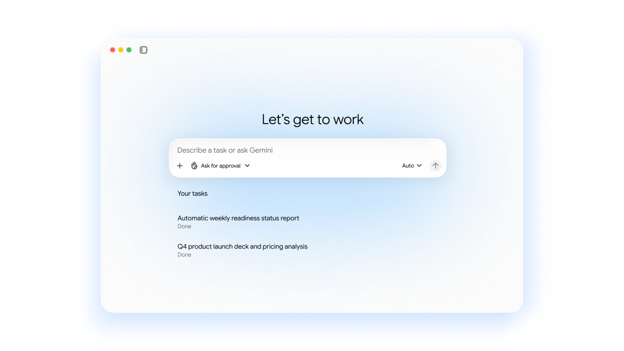 Google official Gemini work-agent interface showing an approval setting and completed tasks
