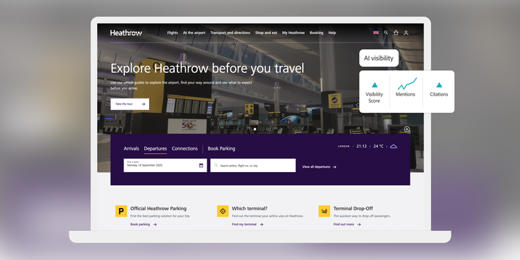 Adobe official Heathrow website mockup with an AI-visibility panel for score, mentions and citations