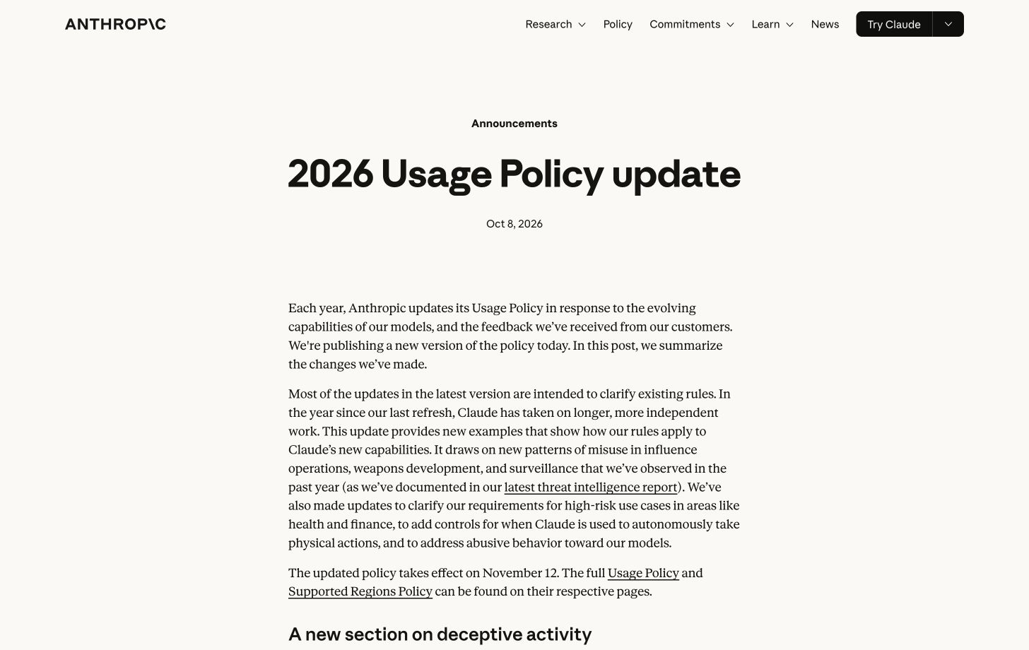 Original Anthropic announcement excerpt showing the October 8 date and November 12 effective date