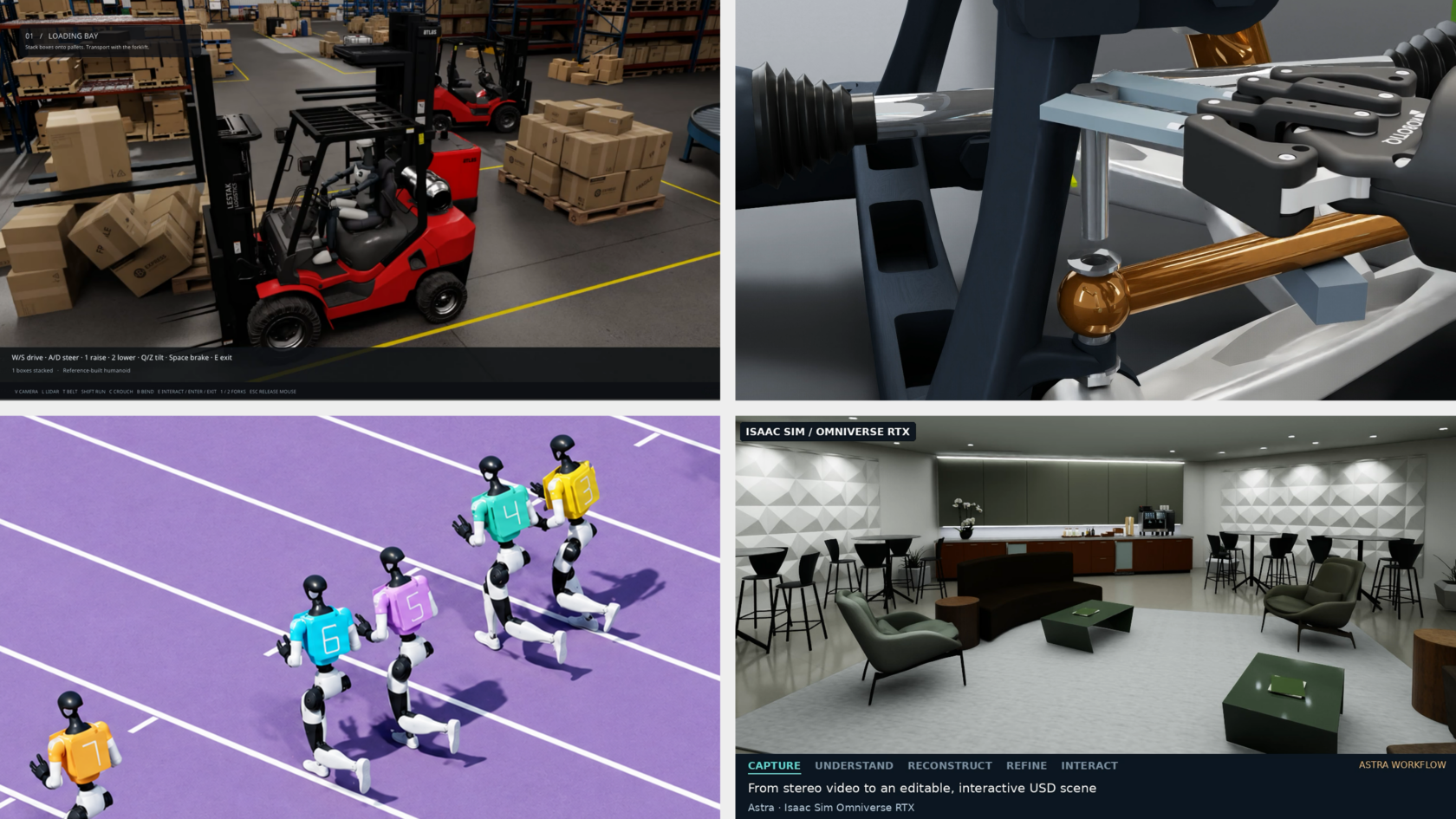 NVIDIA official four-panel montage of warehouse, robotic disassembly, sports and room-reconstruction simulations