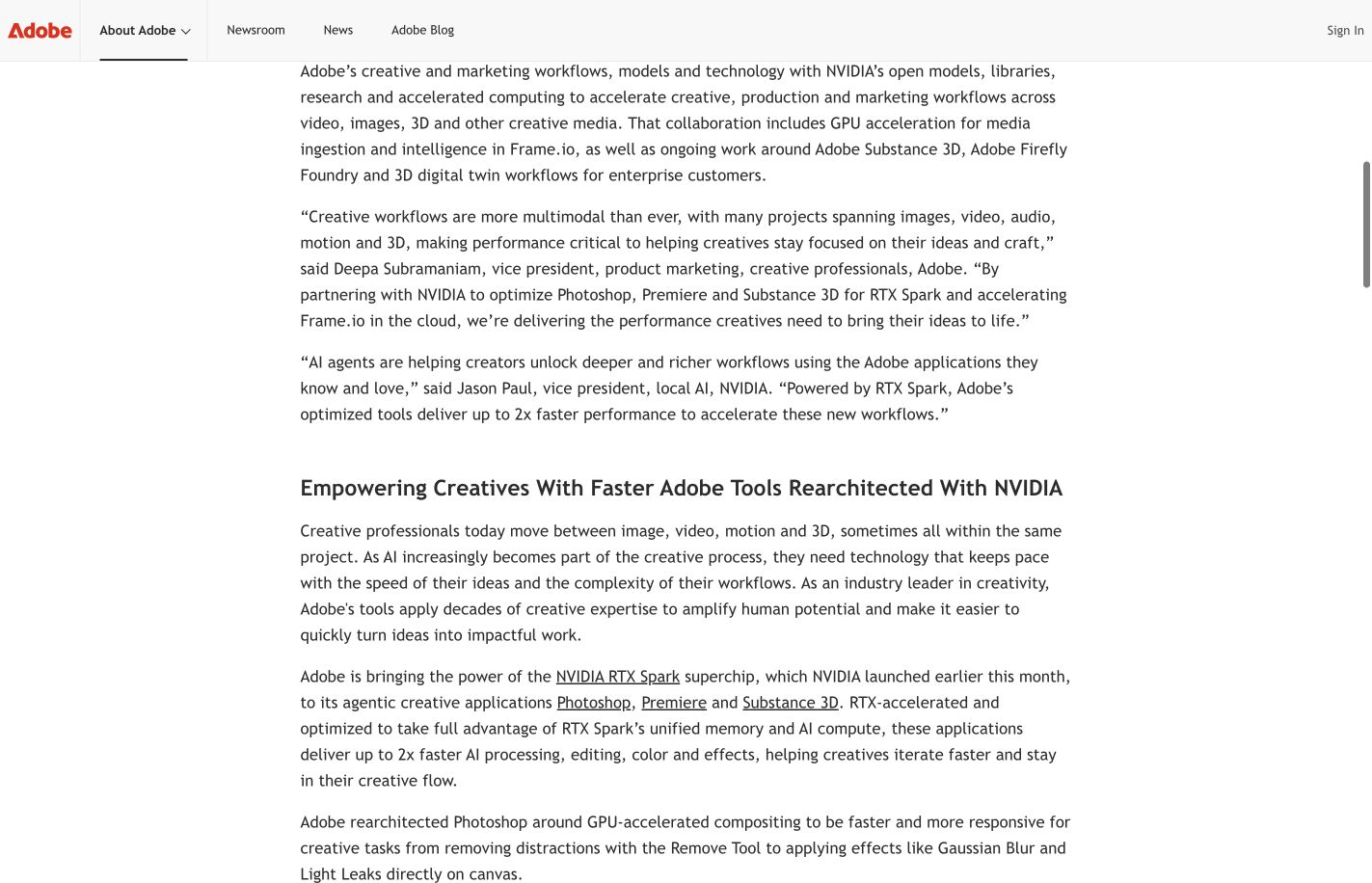 Original Adobe announcement excerpt describing RTX Spark creative applications and GPU compositing work
